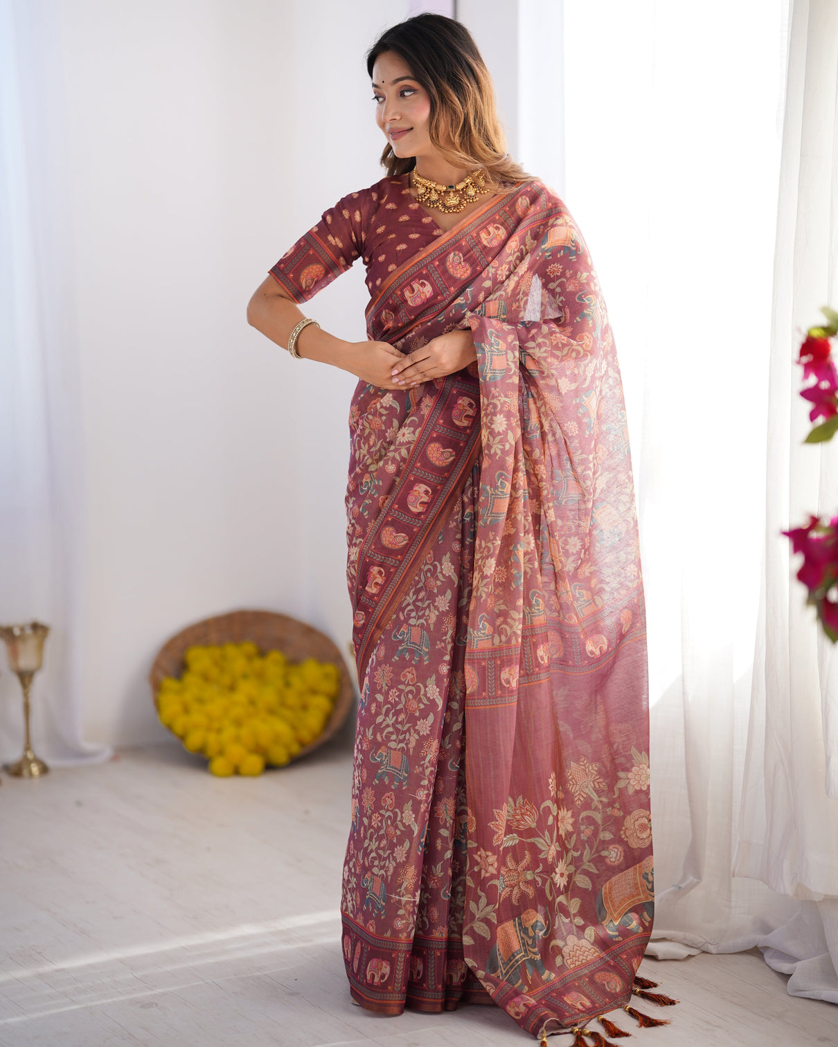 Maroon pure linen cotton handloom saree with elephant motifs and floral digital print