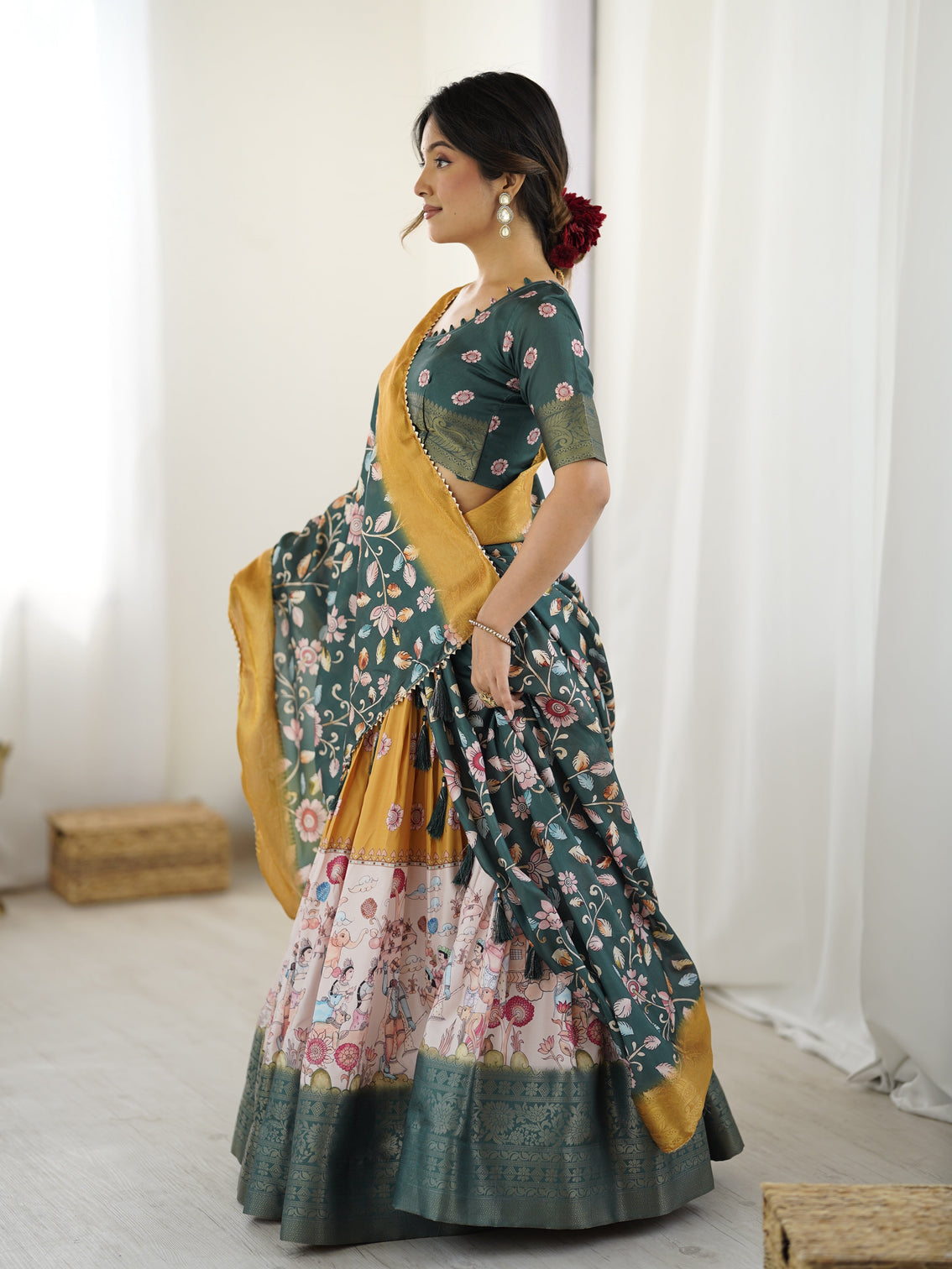 Bottle green kalamkari flared lehenga with mustard dupatta