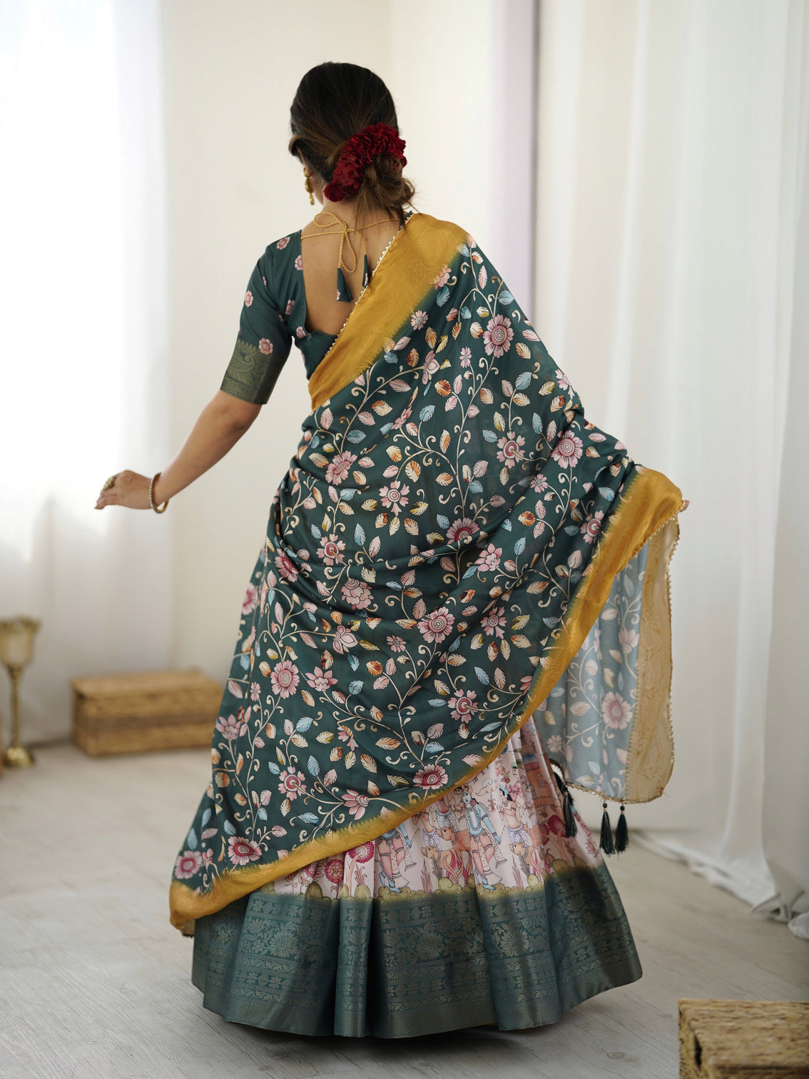 Bottle green kalamkari flared lehenga with mustard dupatta