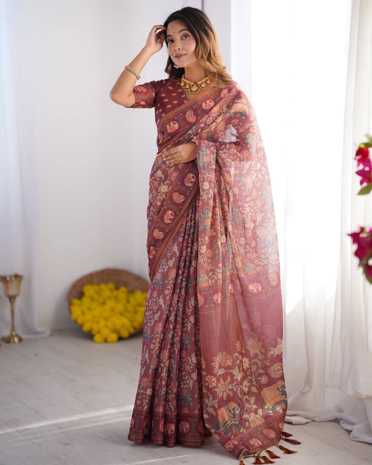 Maroon pure linen cotton handloom saree with elephant motifs and floral digital print