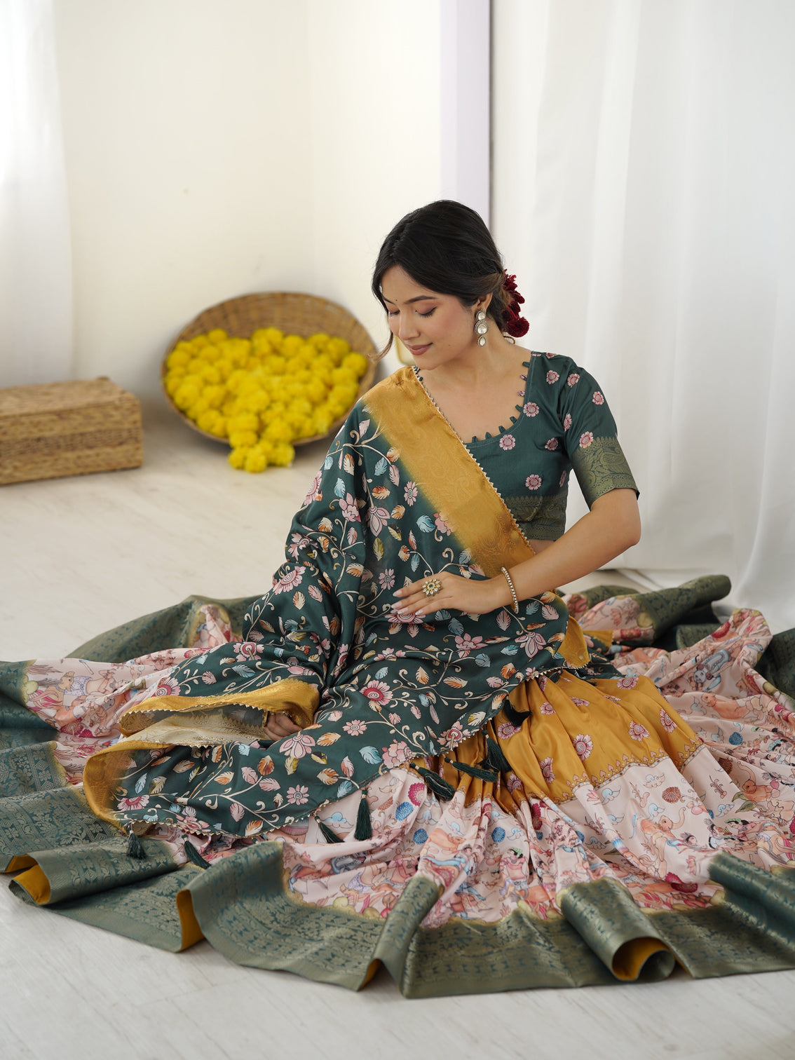 Bottle green kalamkari flared lehenga with mustard dupatta