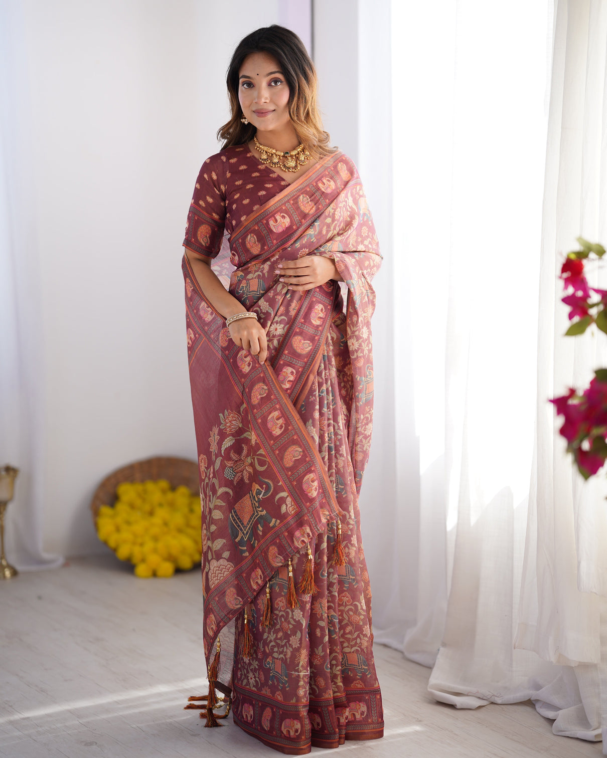 Maroon pure linen cotton handloom saree with elephant motifs and floral digital print mameraa