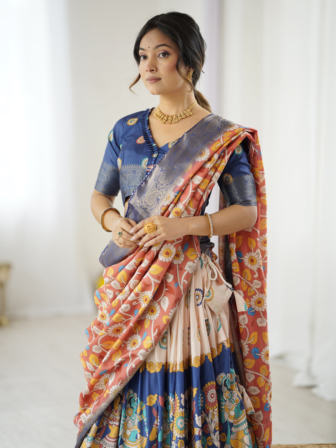 Royal blue peach kalamkari tussar silk lehenga with zari border floral tassel dupatta traditional festive wear