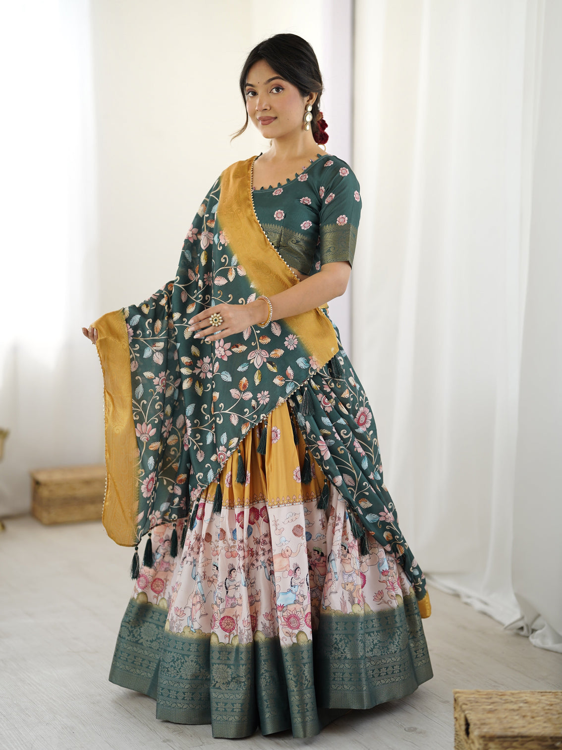 Bottle green kalamkari flared lehenga with mustard dupatta