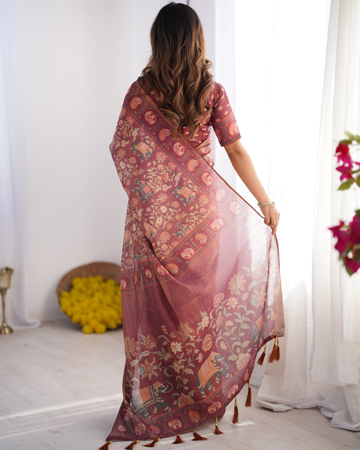 Maroon pure linen cotton handloom saree with elephant motifs and floral digital print