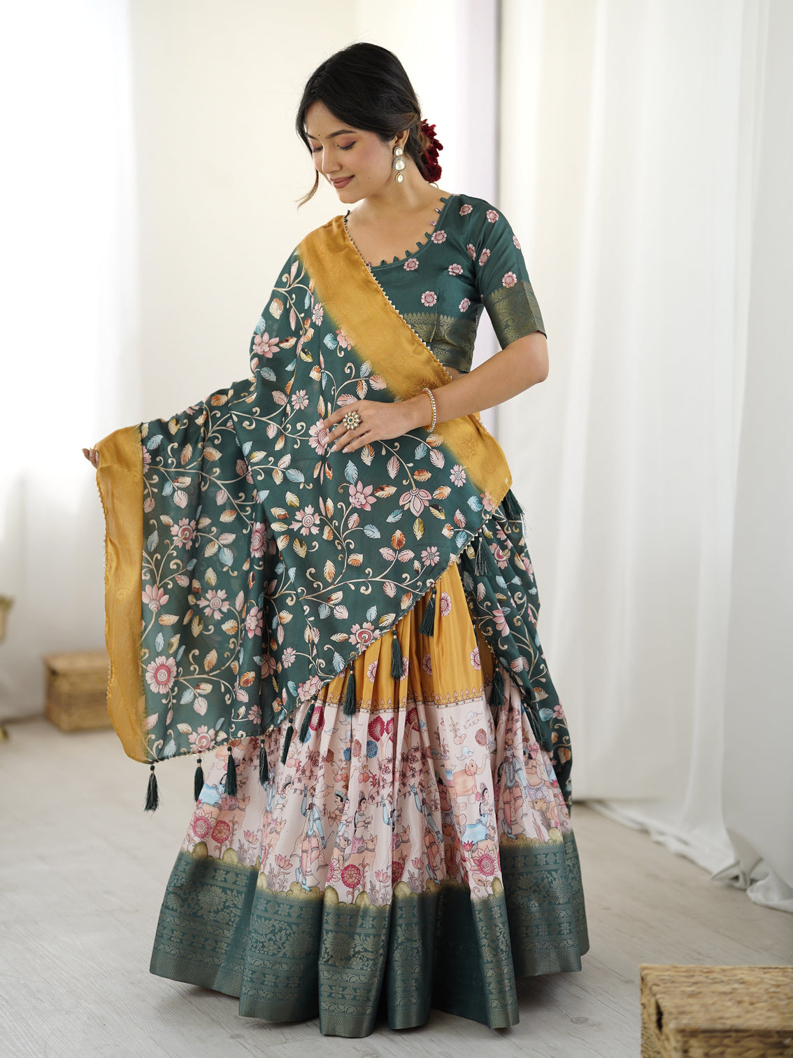 Bottle green kalamkari flared lehenga with mustard dupatta mameraa