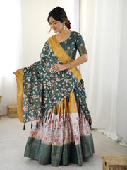 Bottle green kalamkari flared lehenga with mustard dupatta mameraa