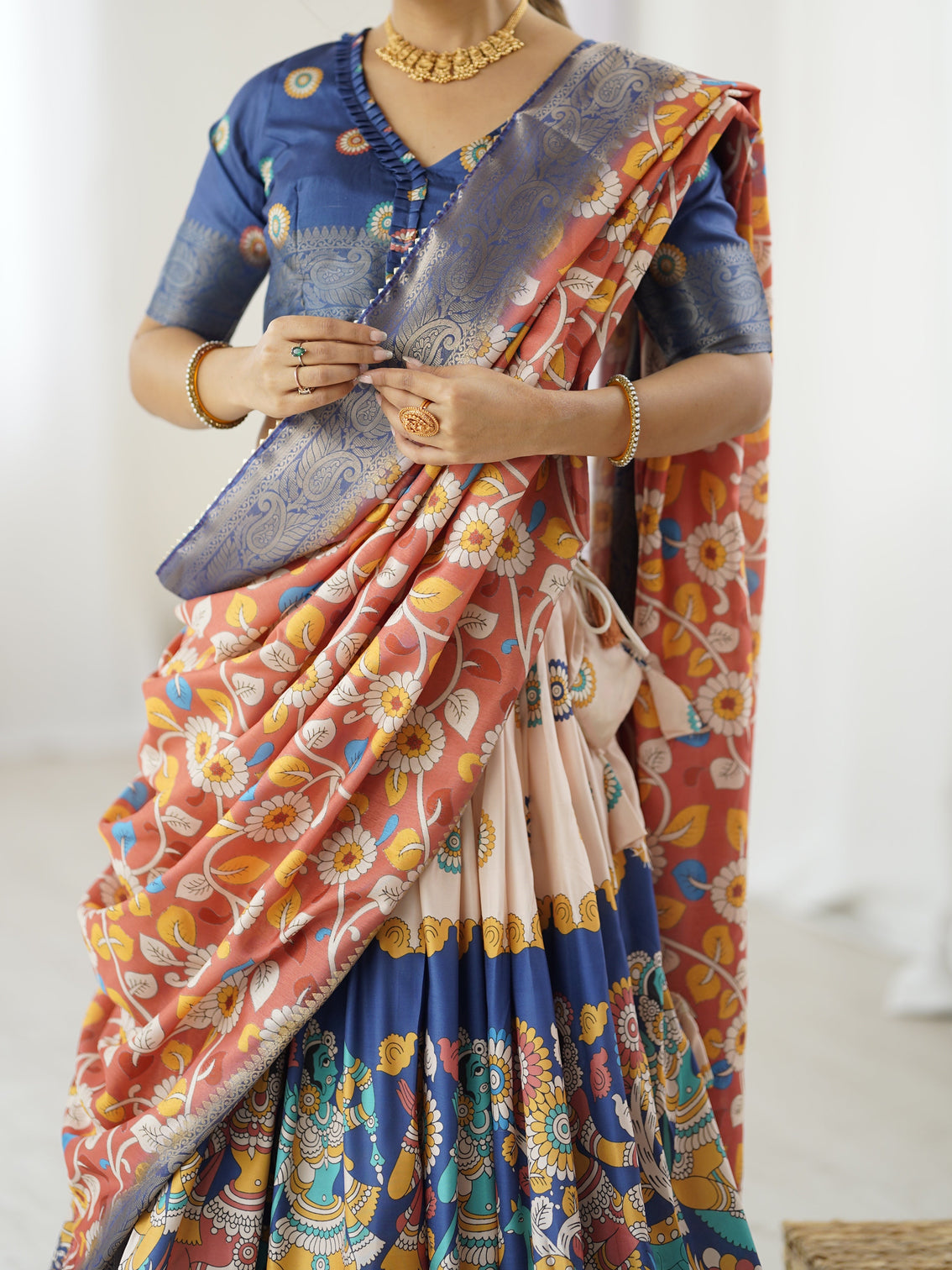 Royal blue peach kalamkari tussar silk lehenga with zari border floral tassel dupatta traditional festive wear