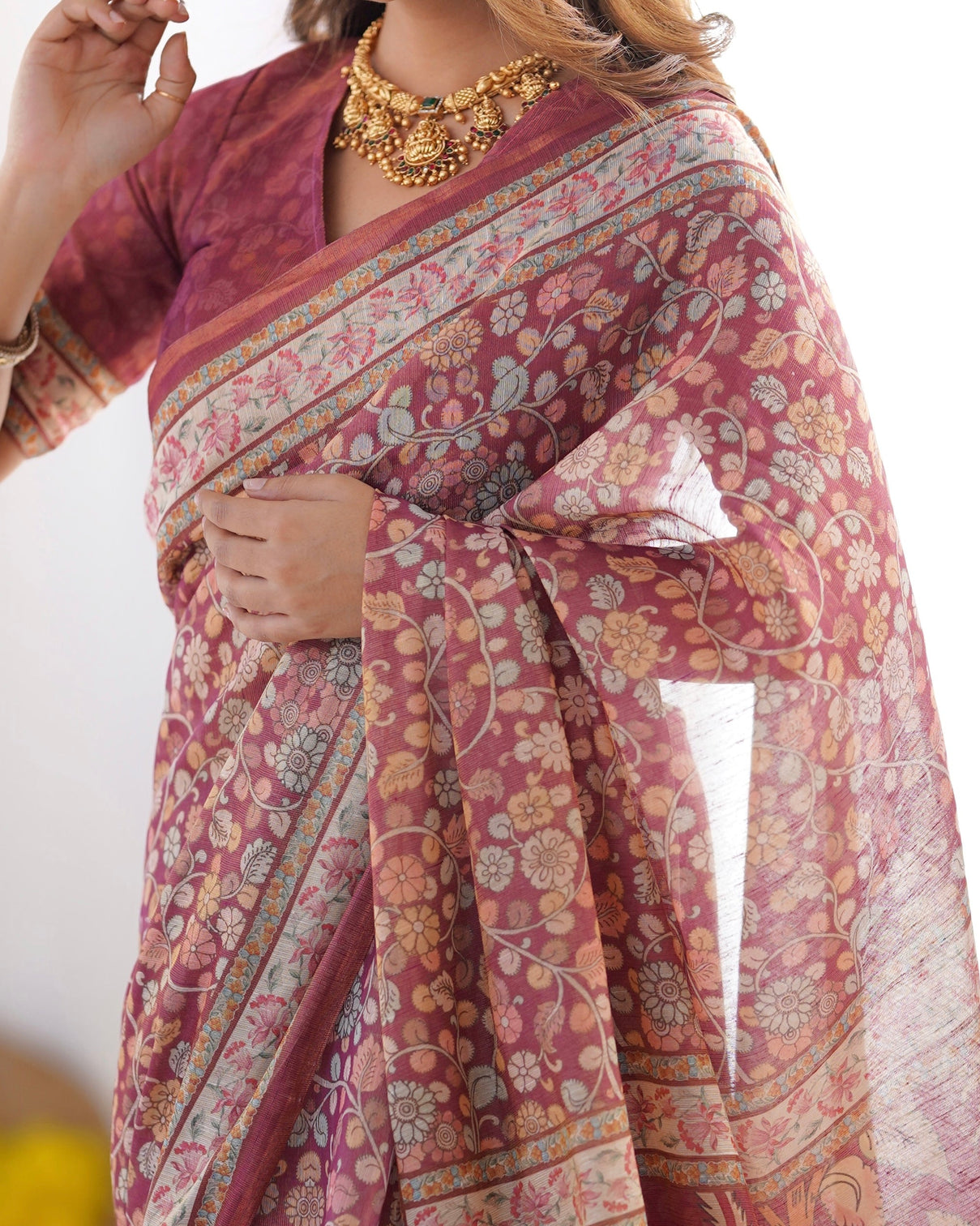 Maroon pure linen cotton handloom saree with elephant floral folk art