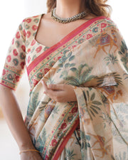 Beige red handloom linen cotton saree with camel caravan palace artwork
