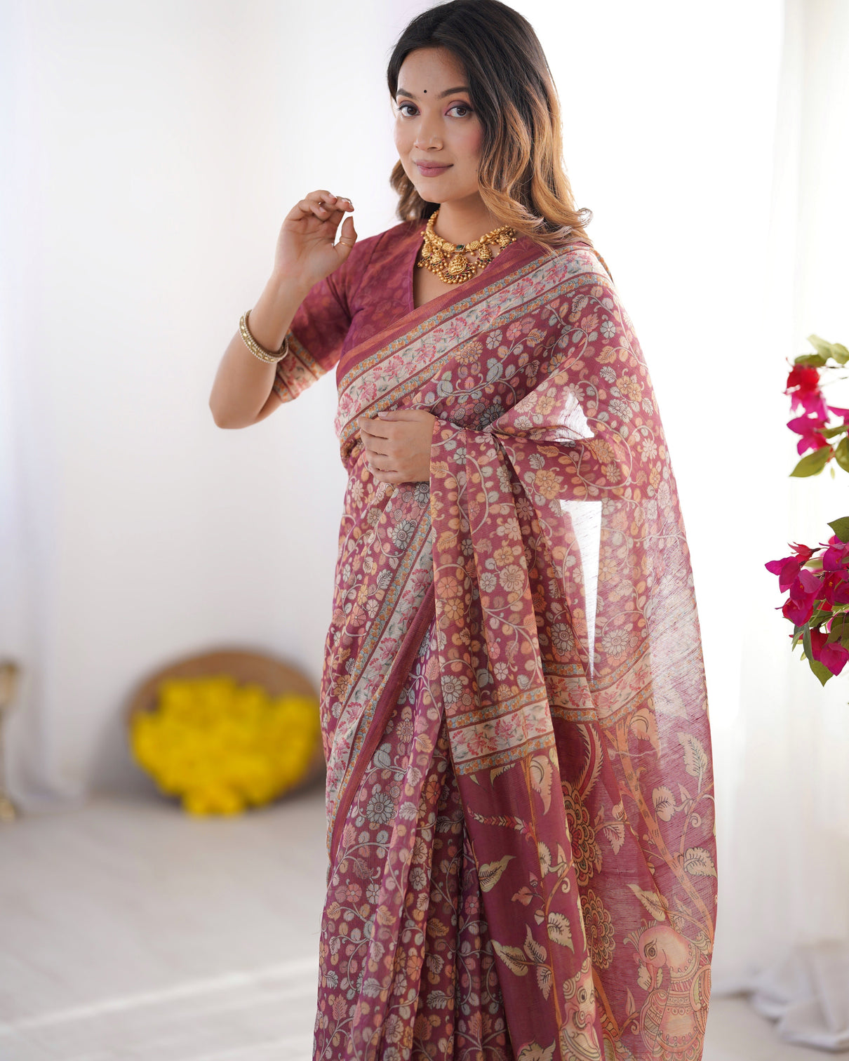 Maroon pure linen cotton handloom saree with elephant floral folk art