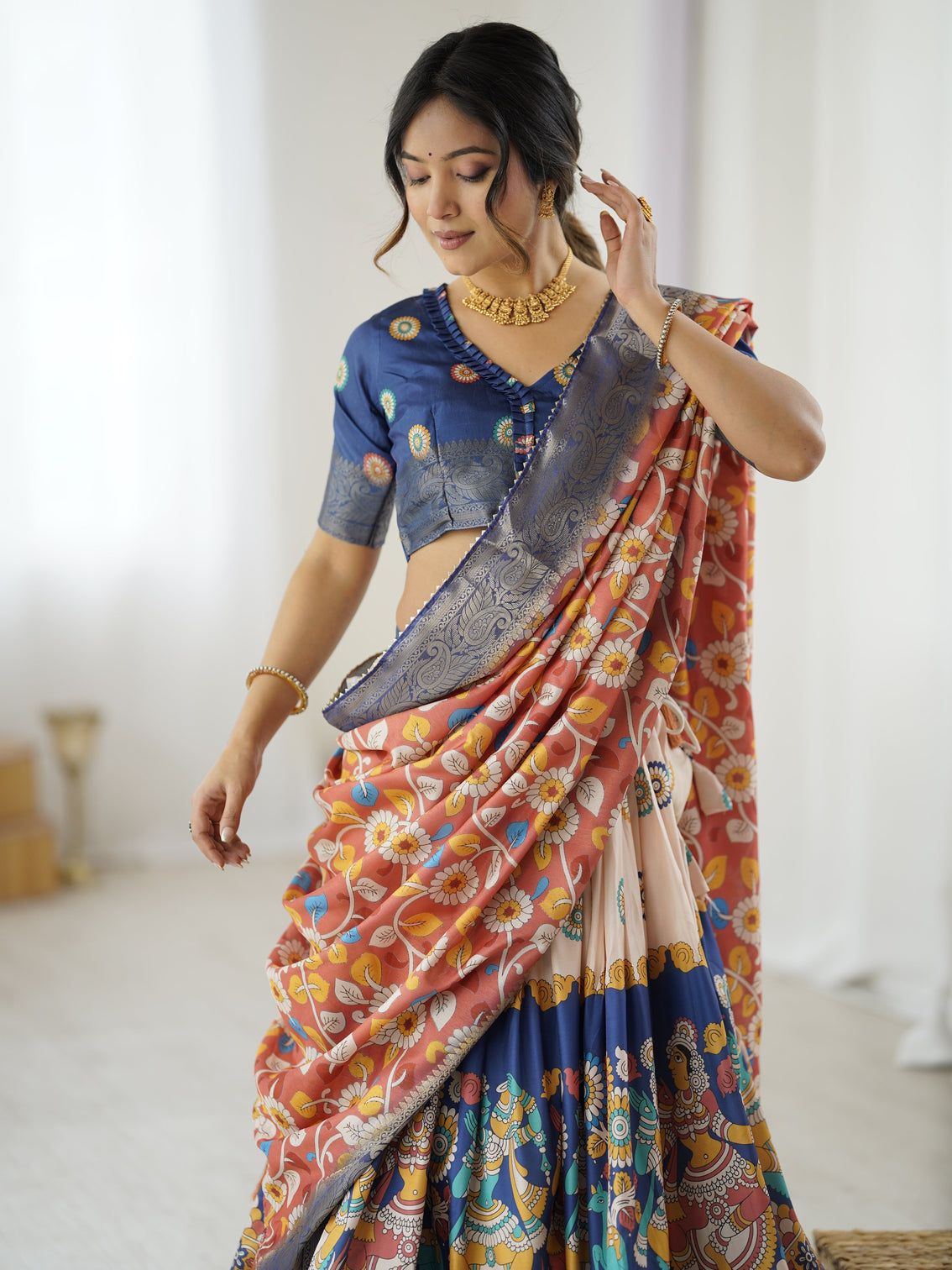 Royal blue peach kalamkari tussar silk lehenga with zari border floral tassel dupatta traditional festive wear