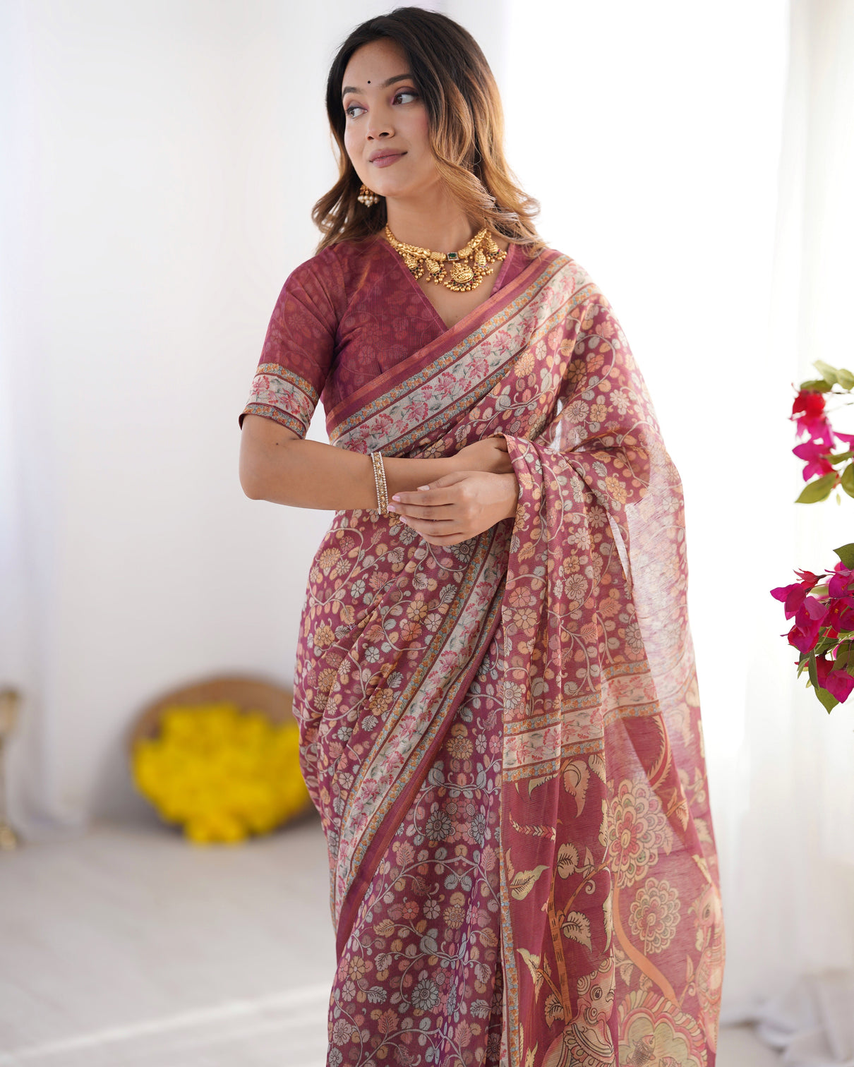 Maroon pure linen cotton handloom saree with elephant floral folk art
