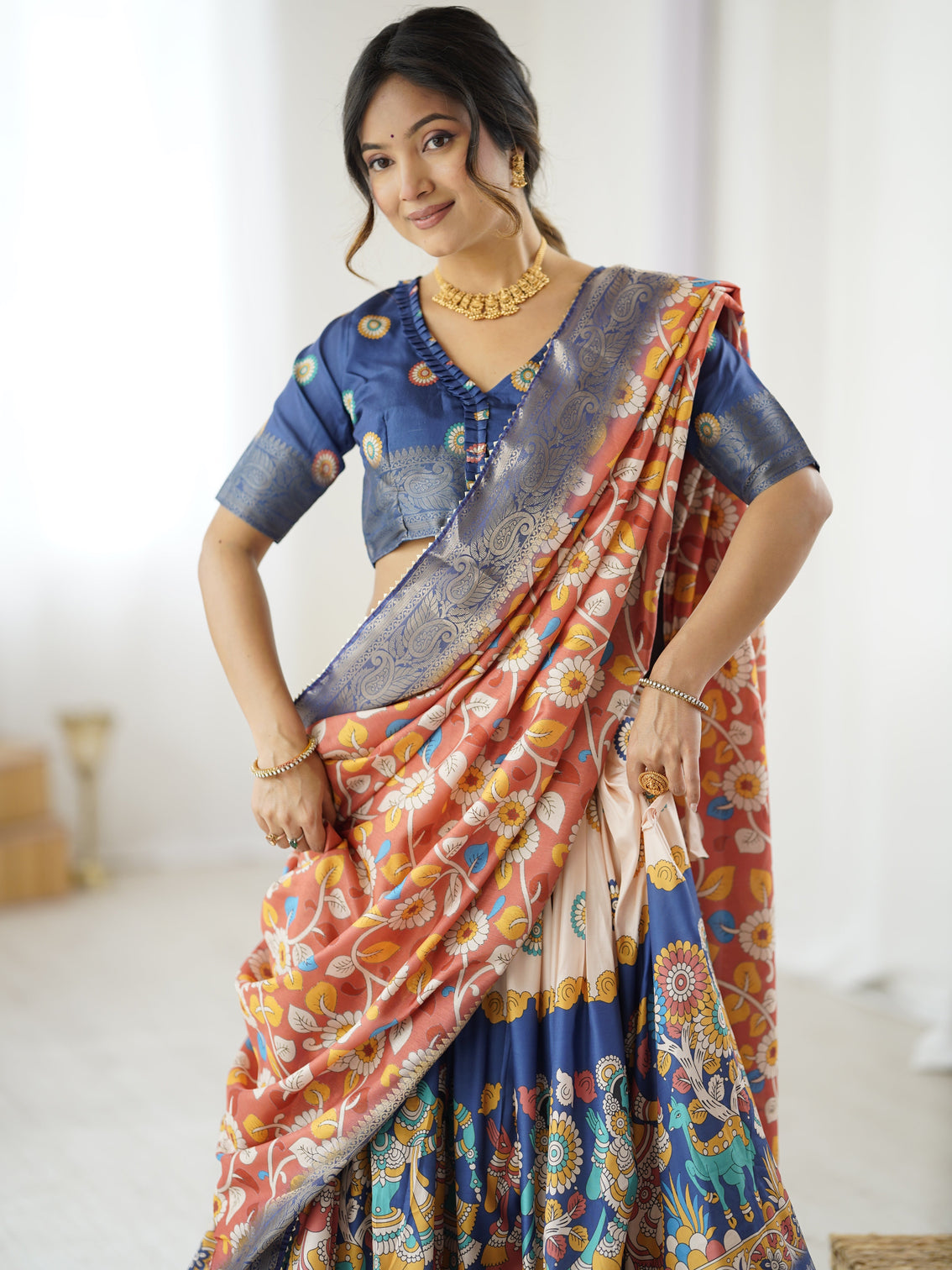 Royal blue peach kalamkari tussar silk lehenga with zari border floral tassel dupatta traditional festive wear