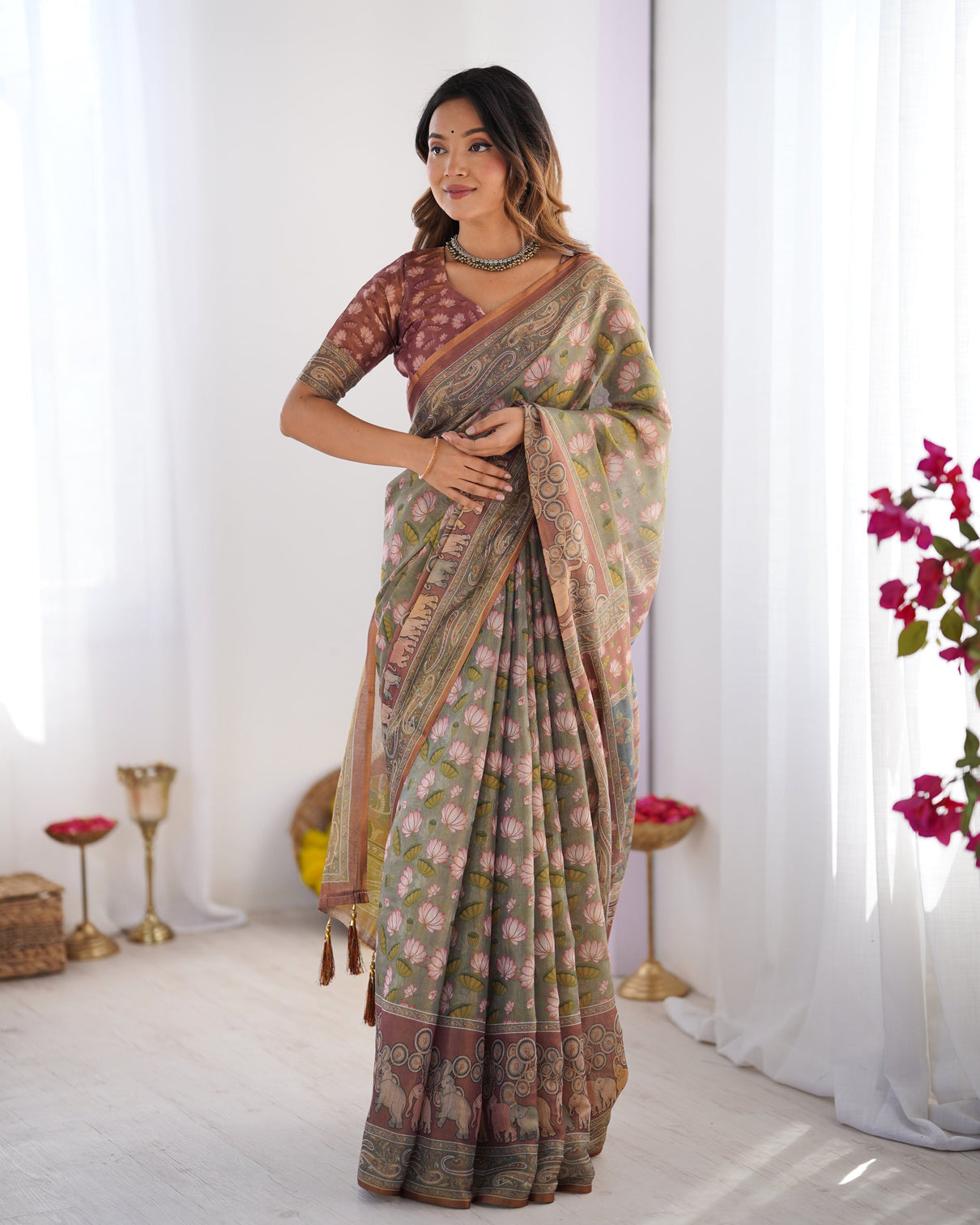 Olive green pure linen cotton handloom saree with pink lotus motifs maroon blouse mameraa