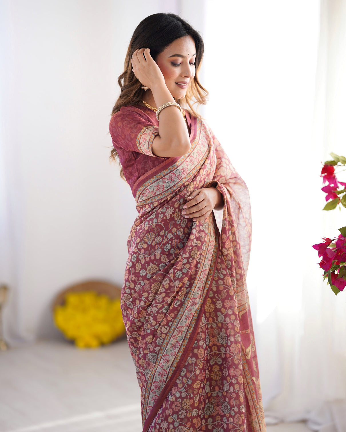 Maroon pure linen cotton handloom saree with elephant floral folk art