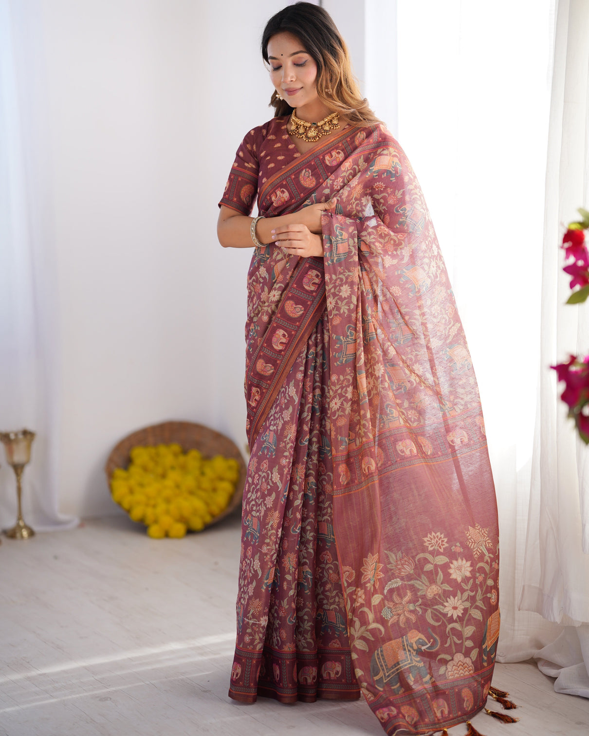 Maroon pure linen cotton handloom saree with elephant floral folk art