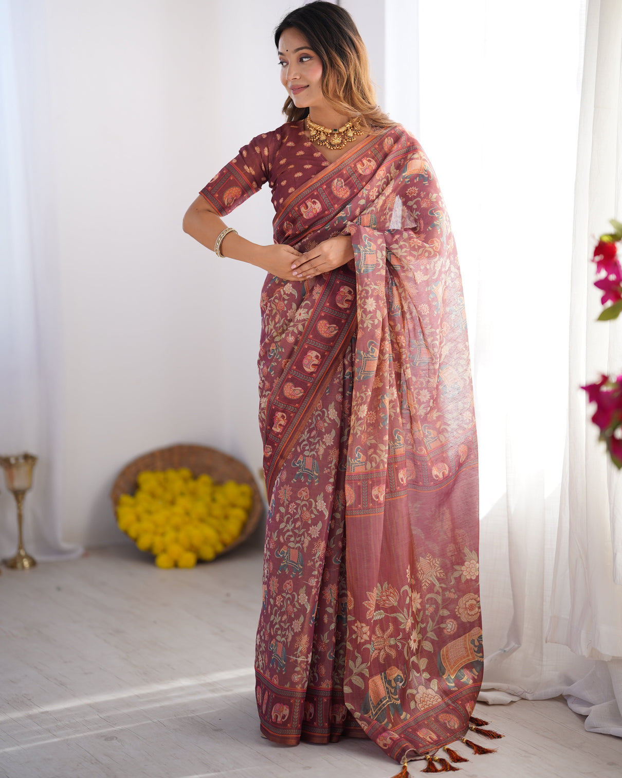 Maroon pure linen cotton handloom saree with elephant floral folk art