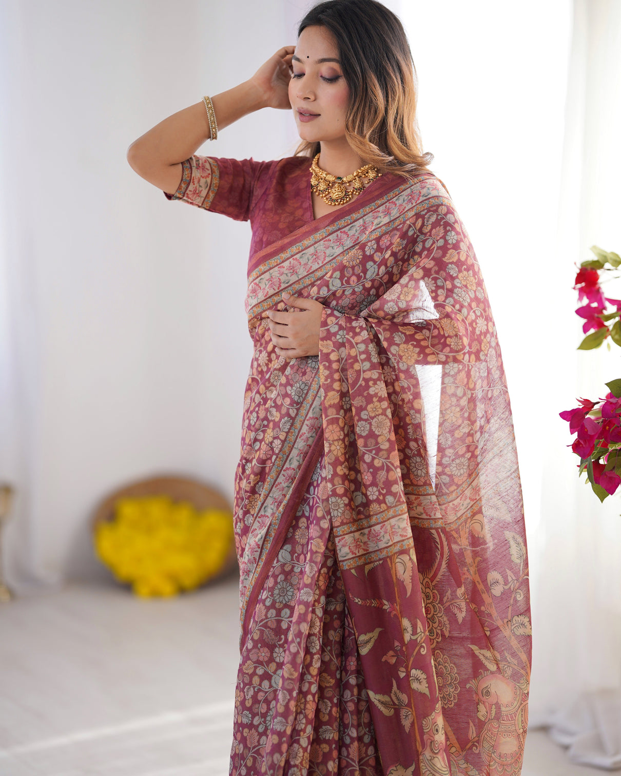 Maroon pure linen cotton handloom saree with elephant floral folk art