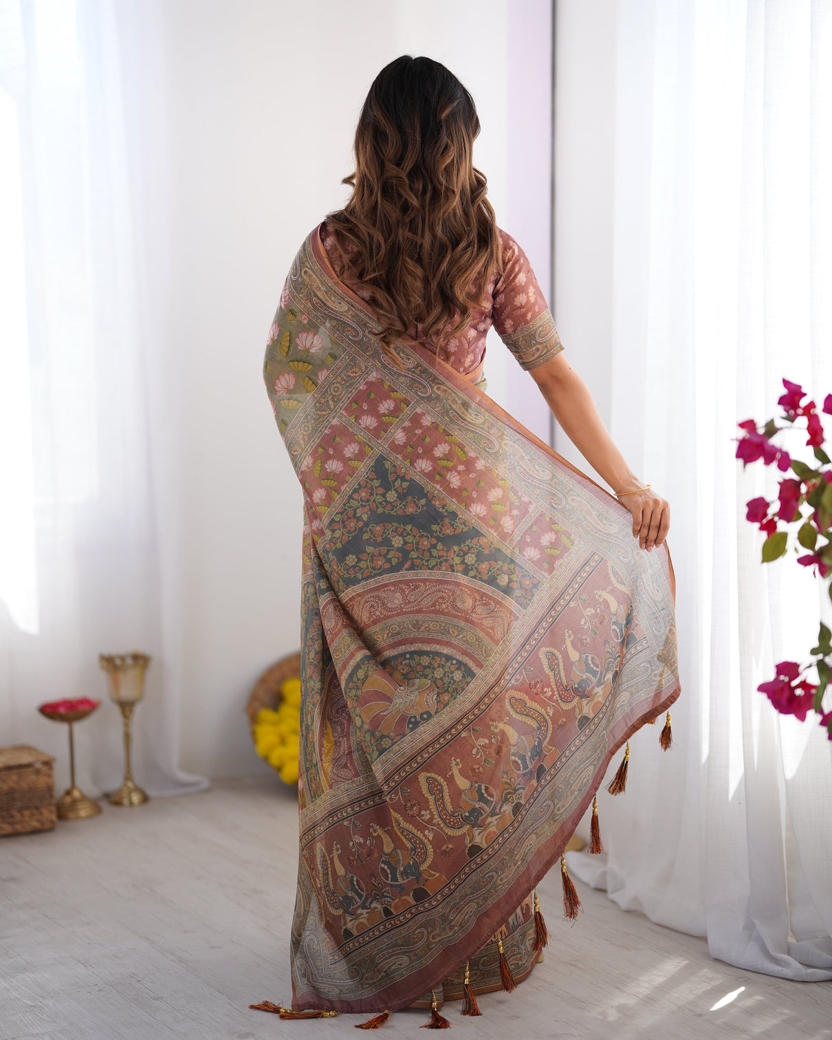 Olive green pure linen cotton handloom saree with pink lotus motifs maroon blouse
