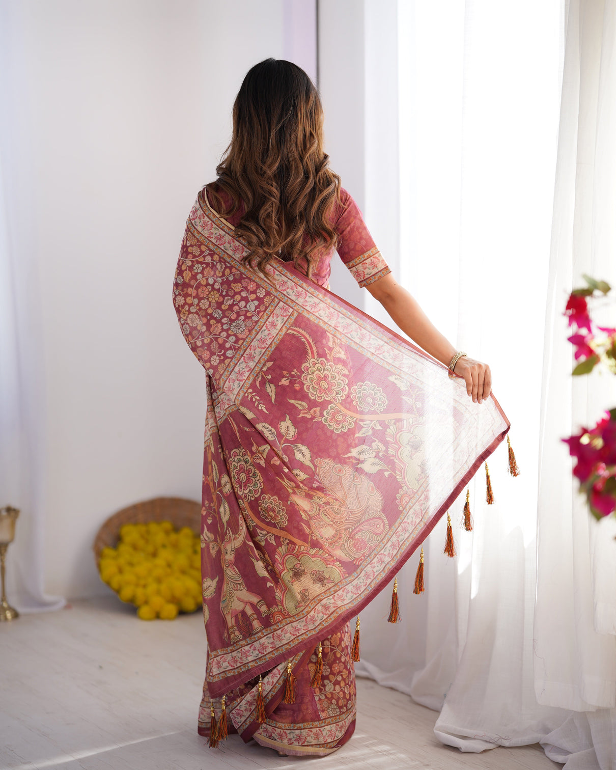 Maroon pure linen cotton handloom saree with elephant floral folk art