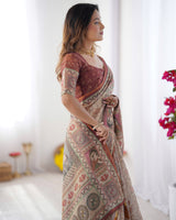 Beige & Maroon Handloom Cotton Saree with Royal Faces & Elephant Pallu Motif