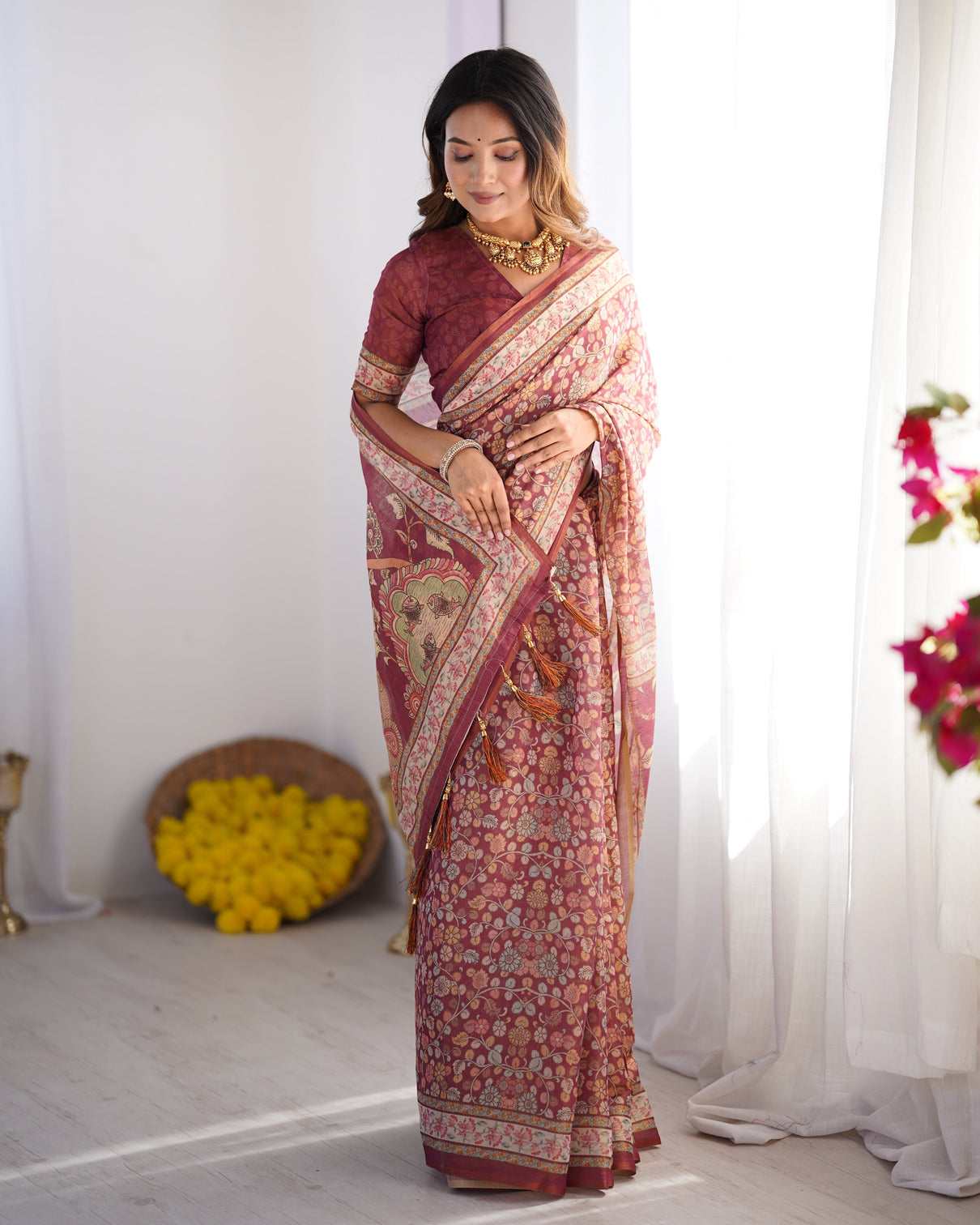 Maroon pure linen cotton handloom saree with elephant floral folk art