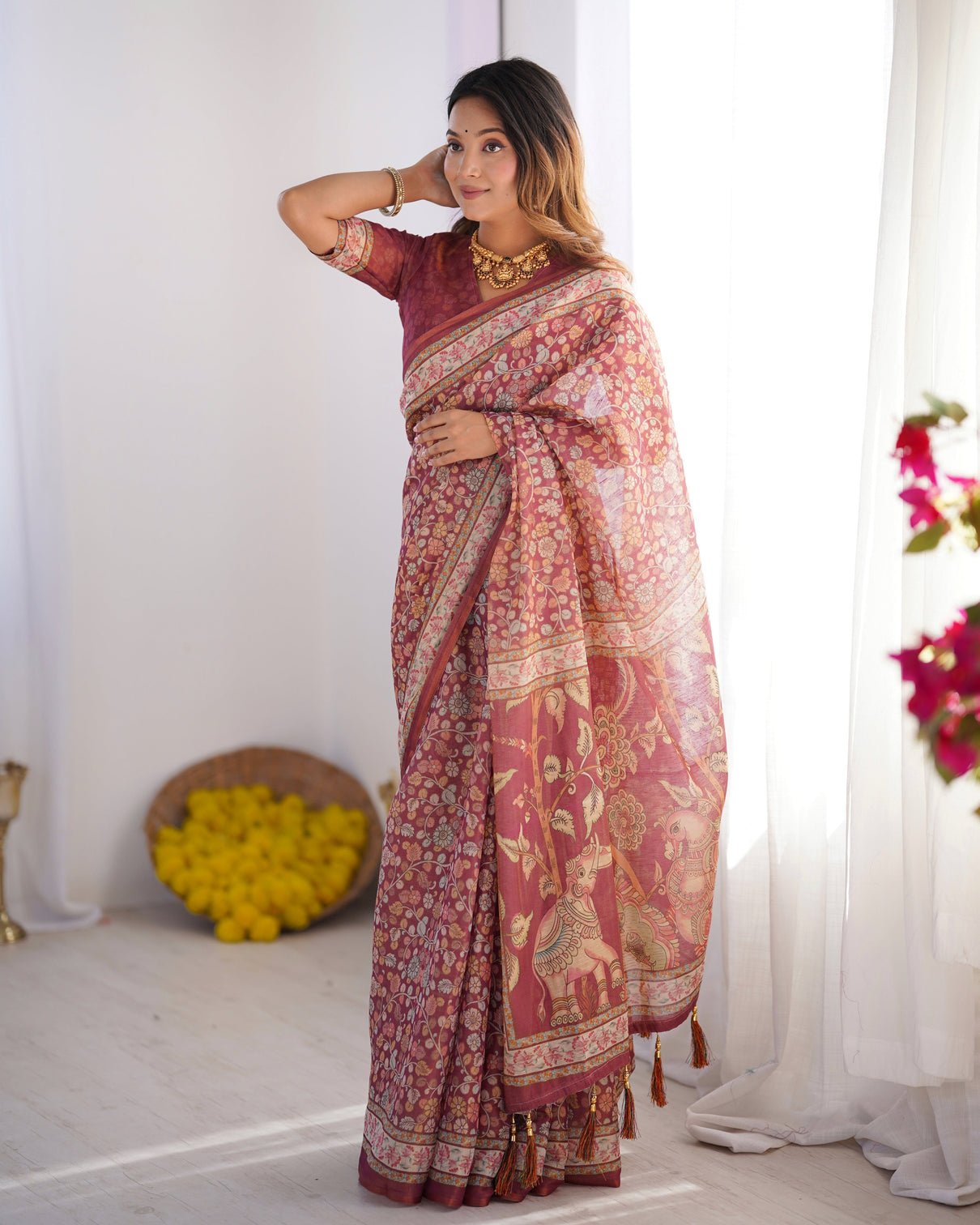Maroon pure linen cotton handloom saree with elephant floral folk art