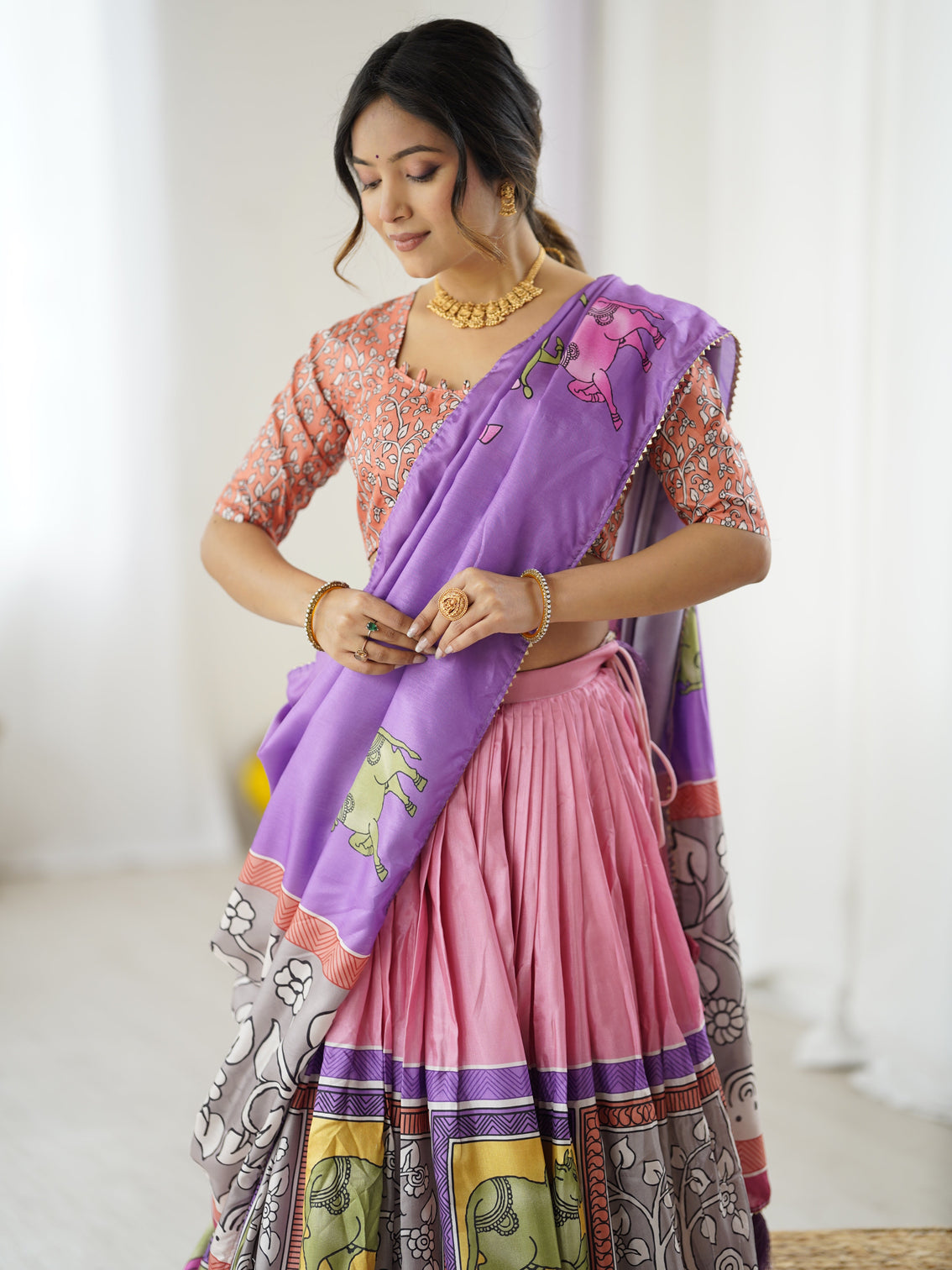 Handcrafted kalamkari lehenga with blouse perfect for festive wedding look