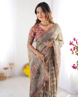 Olive Green Pure Linen Cotton Handloom Saree with Pink Lotus Motifs & Maroon Blouse