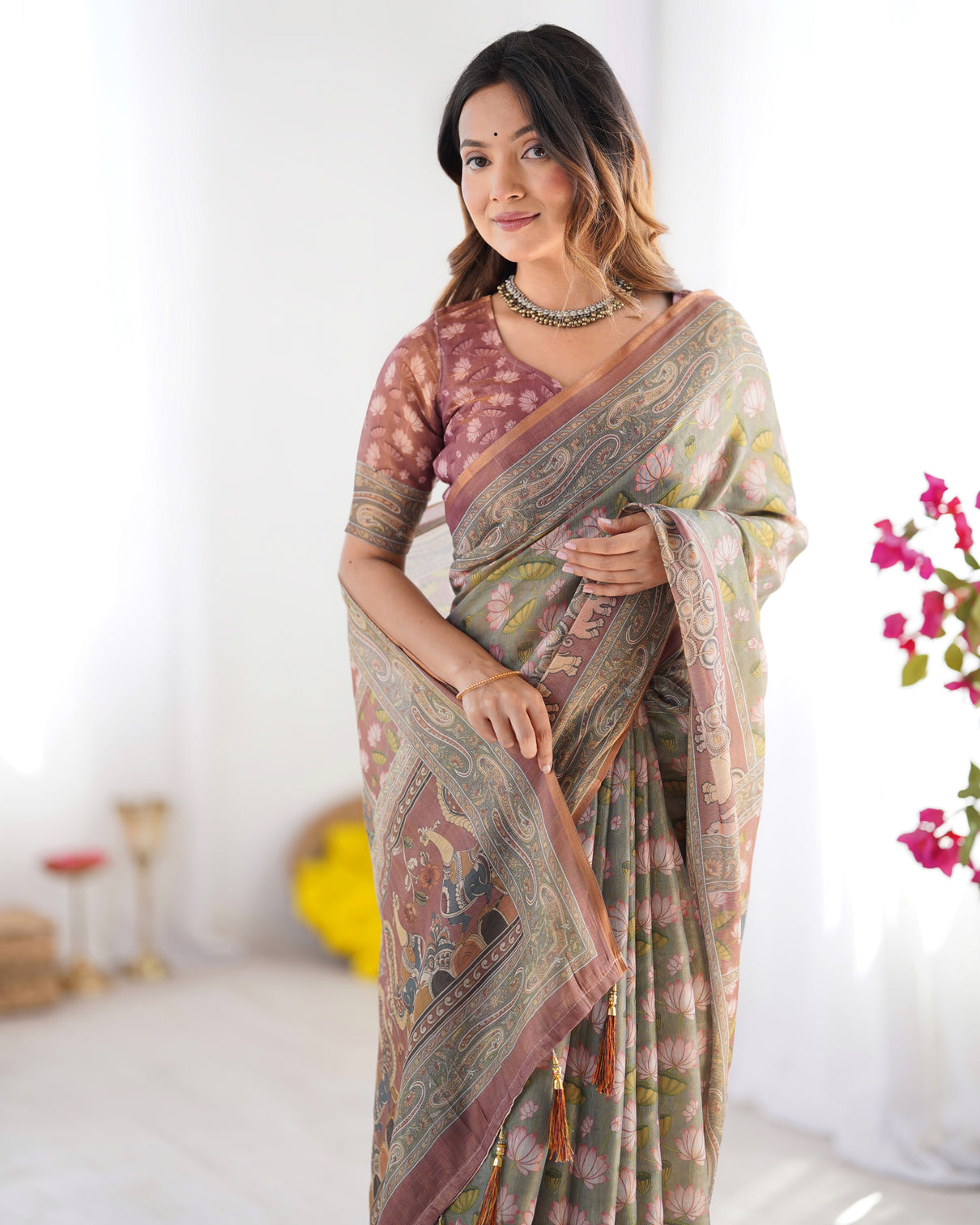 Olive green pure linen cotton handloom saree with pink lotus motifs maroon blouse