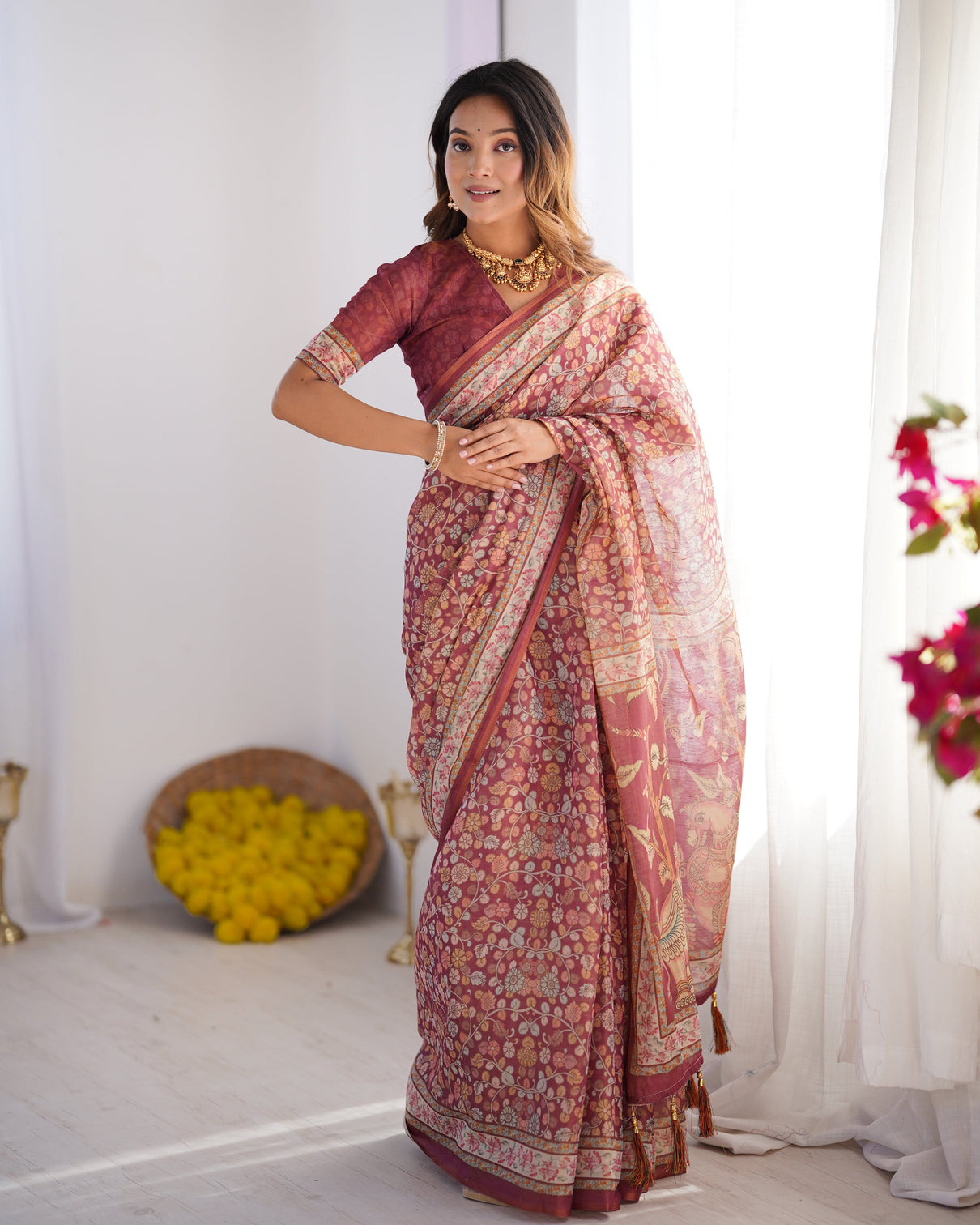 Maroon pure linen cotton handloom saree with elephant floral folk art