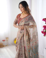 Beige & Maroon Handloom Cotton Saree with Royal Faces & Elephant Pallu Motif