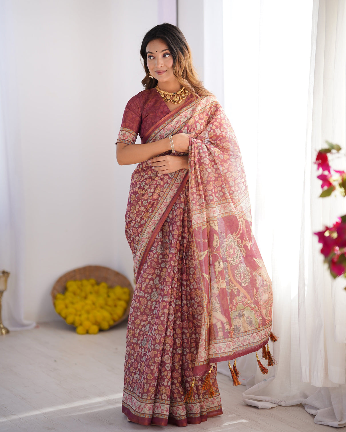 Maroon pure linen cotton handloom saree with elephant floral folk art mameraa