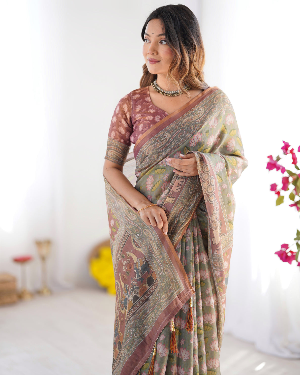 Olive green pure linen cotton handloom saree with pink lotus motifs maroon blouse