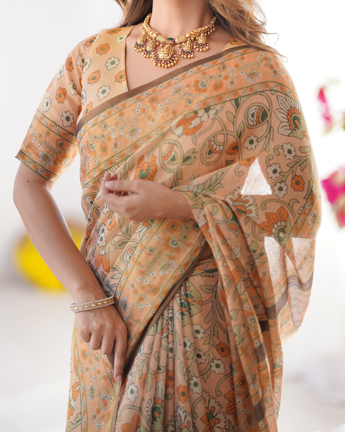 Peach orange pure linen cotton handloom saree with floral vine print and elegant pallu artwork