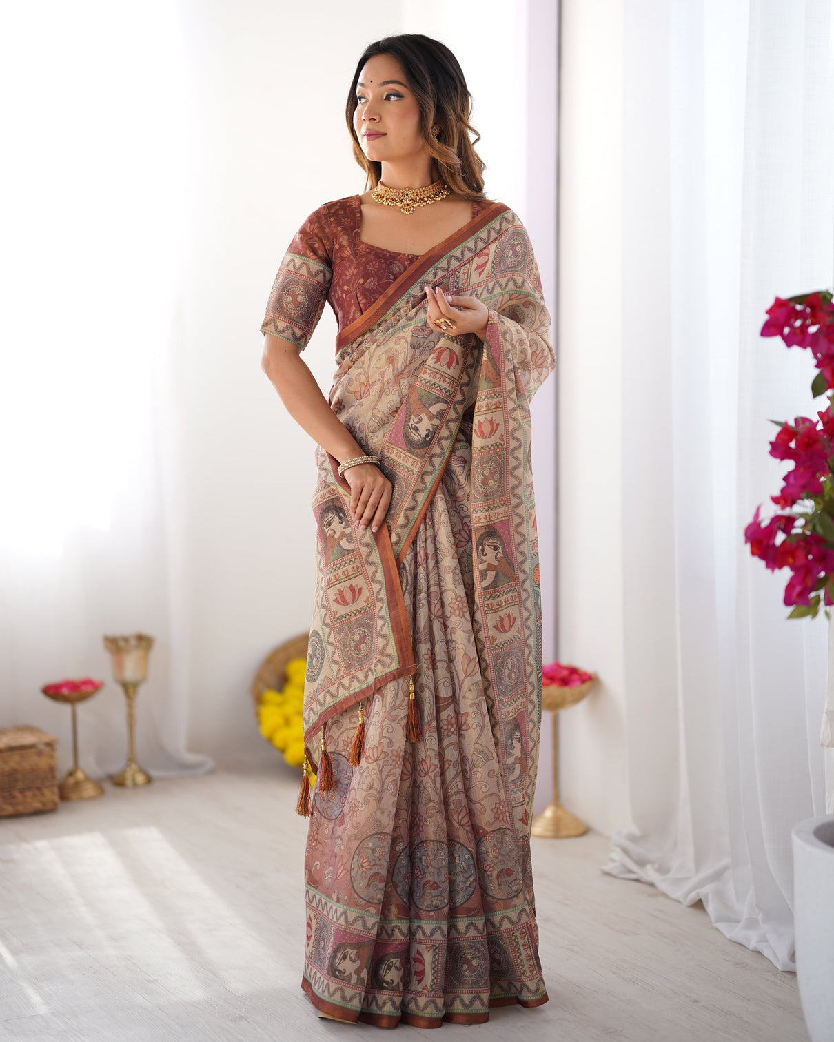Beige maroon handloom cotton saree with royal faces elephant pallu motif mameraa