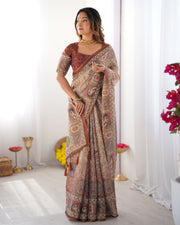 Beige maroon handloom cotton saree with royal faces elephant pallu motif mameraa
