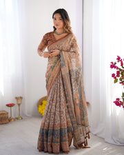 Beige rust pure linen cotton saree with folk animal motif floral print mameraa