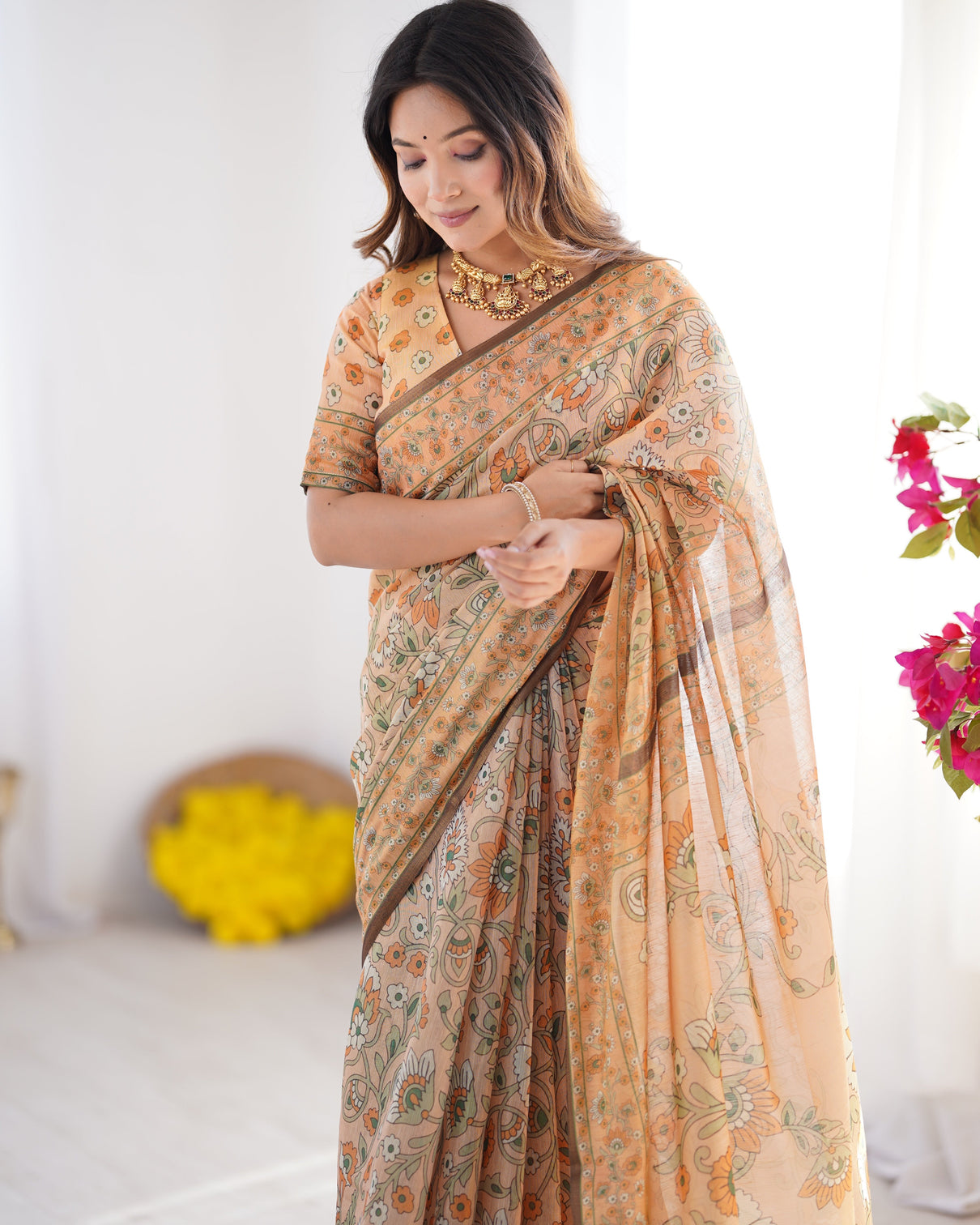 Peach orange pure linen cotton handloom saree with floral vine print and elegant pallu artwork