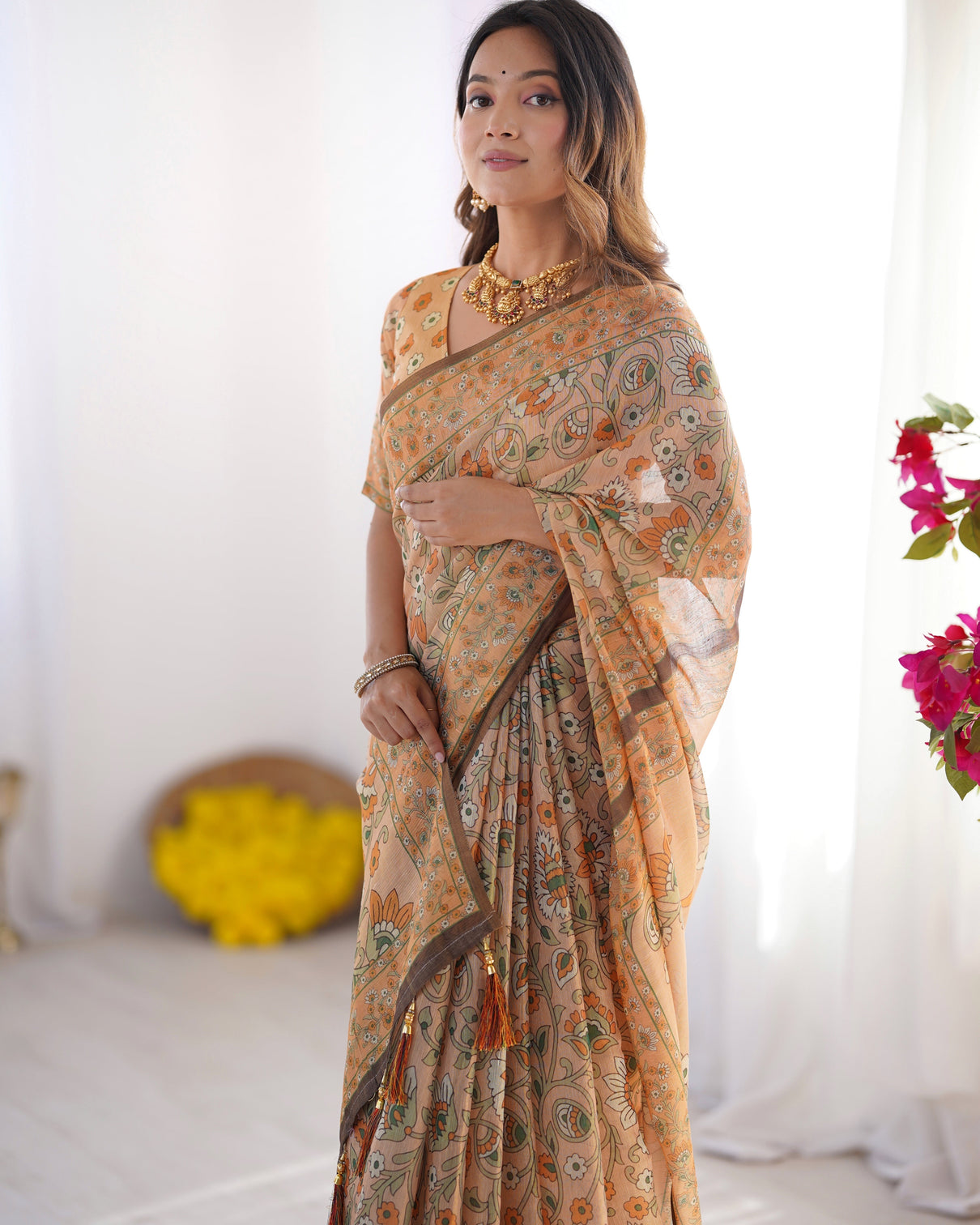 Peach orange pure linen cotton handloom saree with floral vine print and elegant pallu artwork