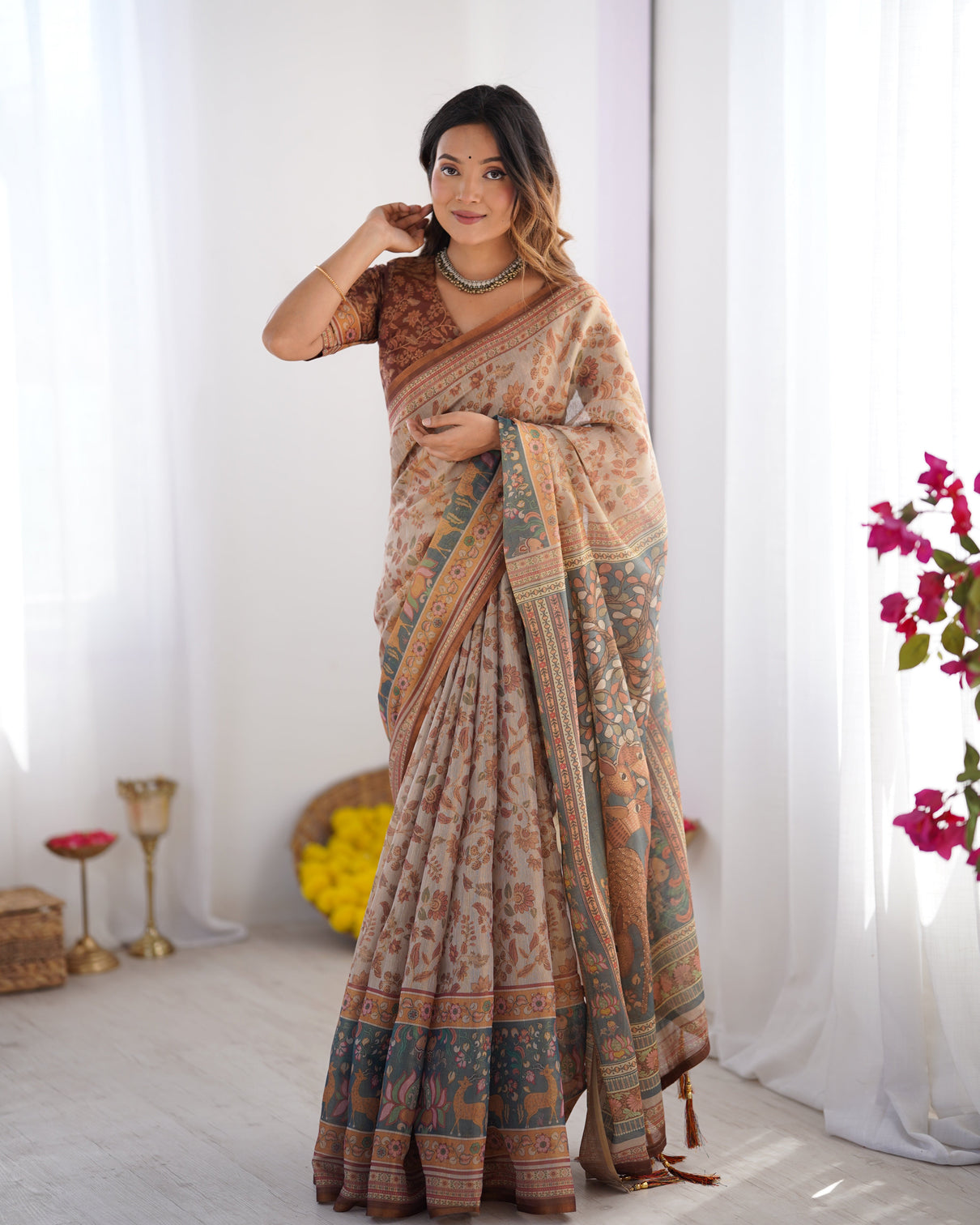 Beige rust pure linen cotton saree with folk animal motif floral print