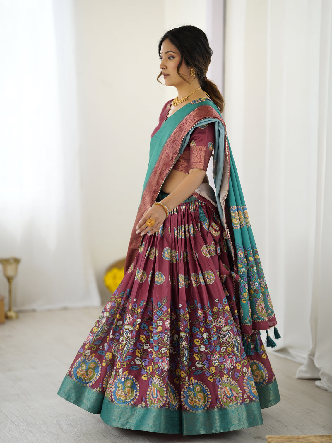 Wine teal kalamkari tussar silk lehenga with zari border tassel dupatta festive wedding wear