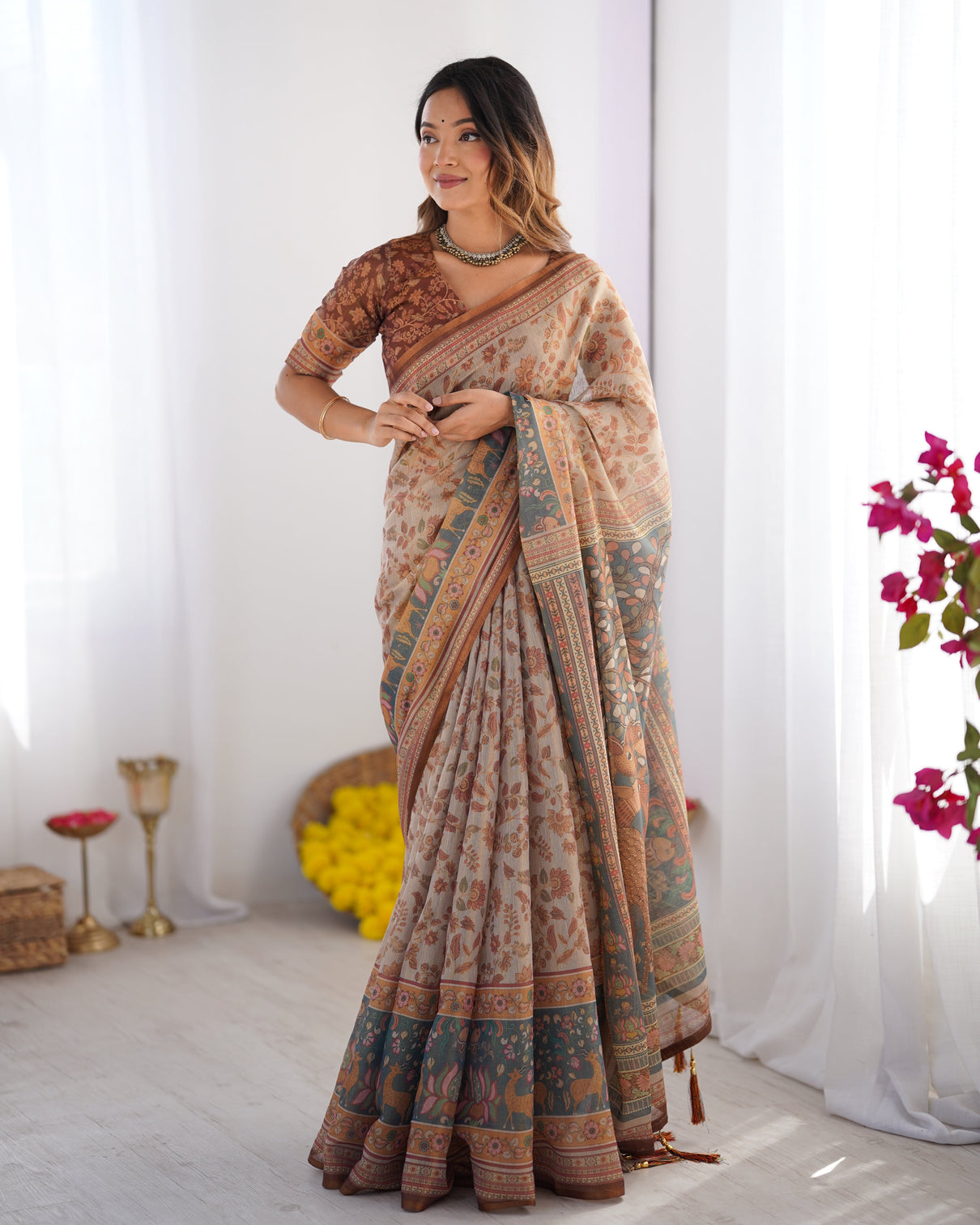 Beige rust pure linen cotton saree with folk animal motif floral print