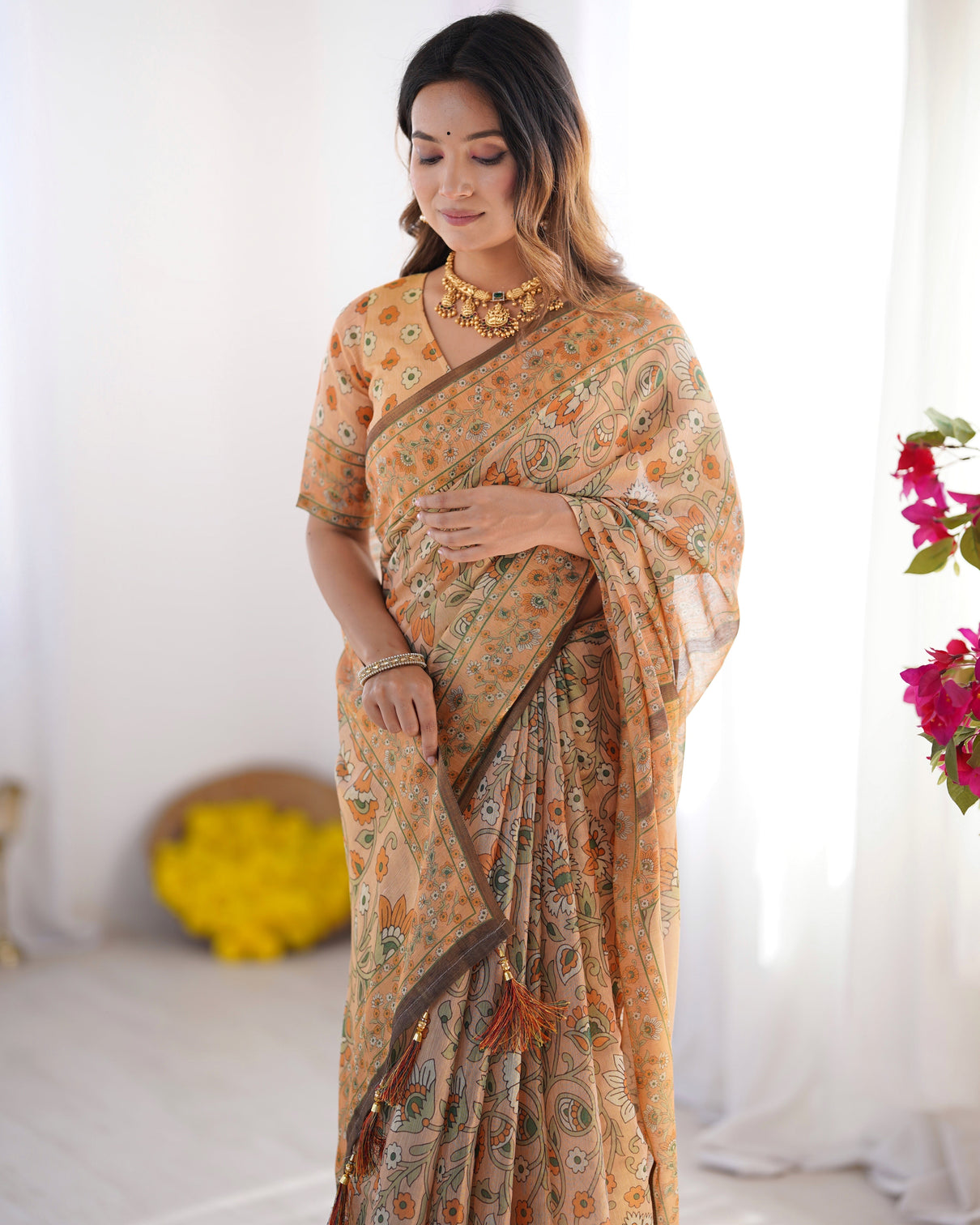 Peach orange pure linen cotton handloom saree with floral vine print and elegant pallu artwork