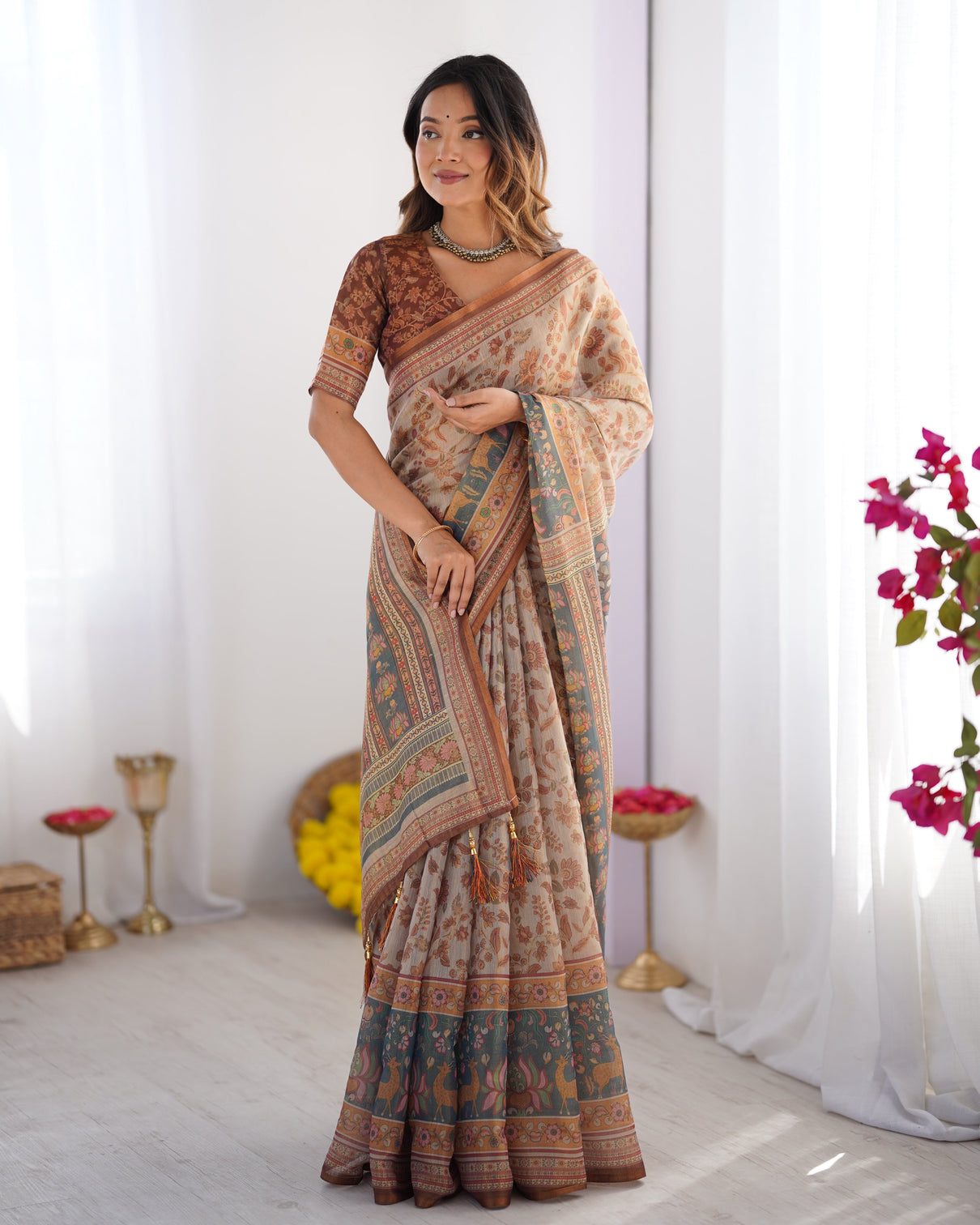 Beige rust pure linen cotton saree with folk animal motif floral print