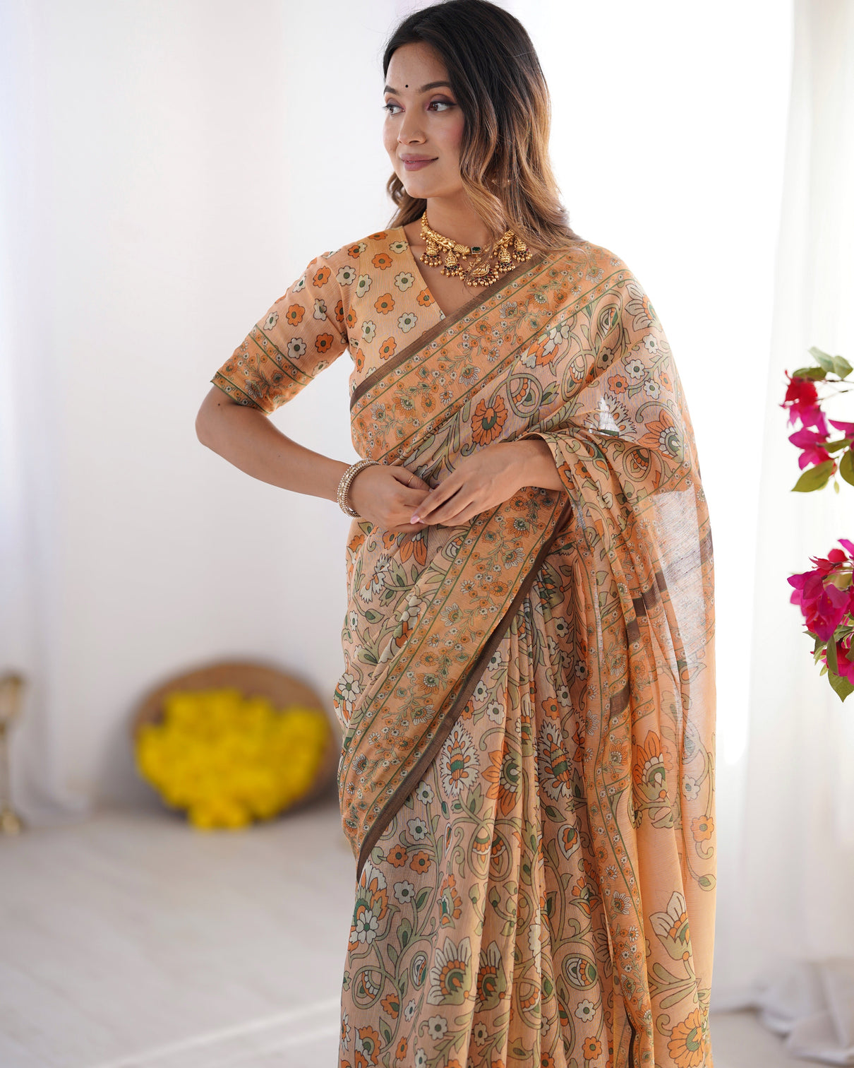 Peach orange pure linen cotton handloom saree with floral vine print and elegant pallu artwork