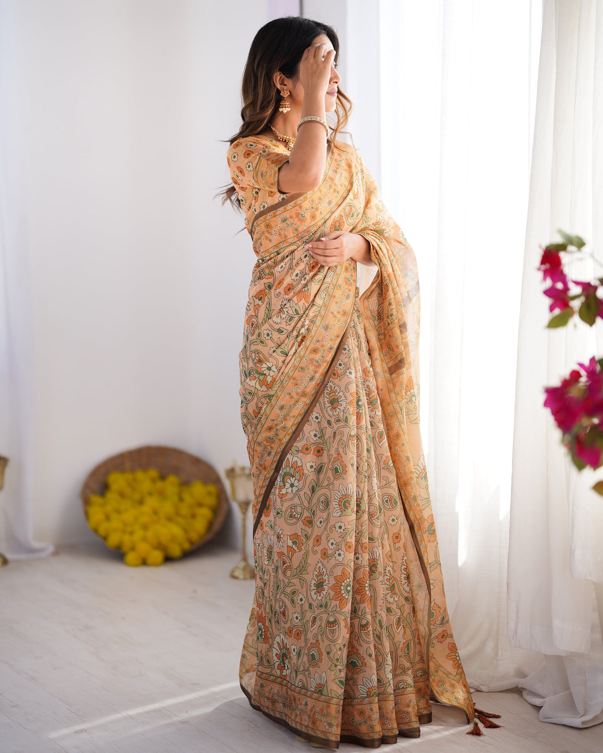 Peach orange pure linen cotton handloom saree with floral vine print and elegant pallu artwork