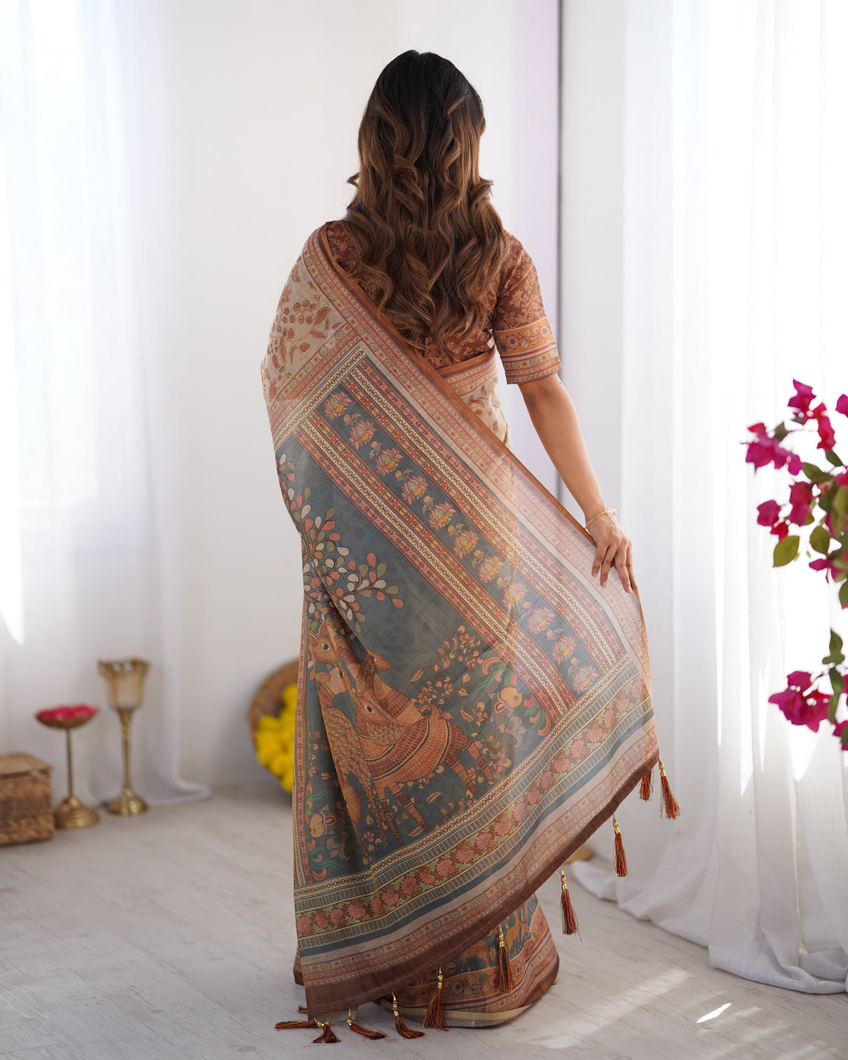 Beige rust pure linen cotton saree with folk animal motif floral print