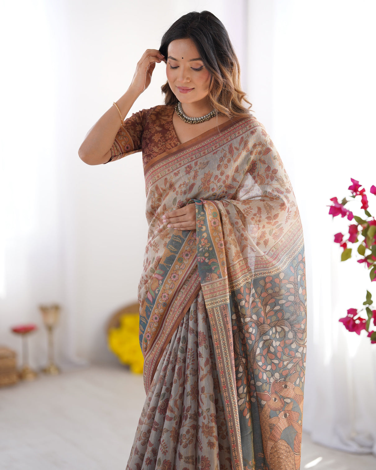 Beige rust pure linen cotton saree with folk animal motif floral print